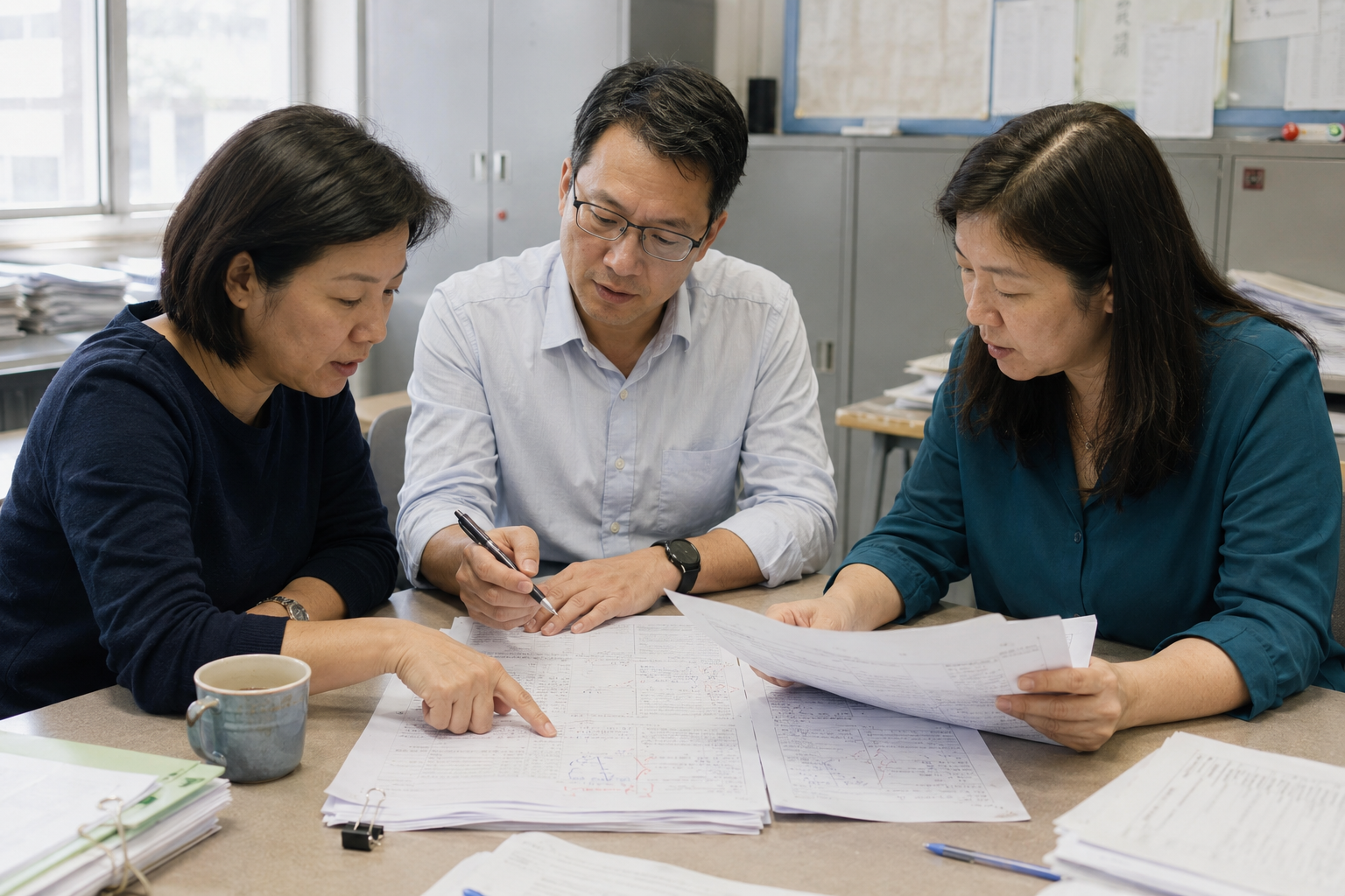 三位香港中學教師在會議桌旁討論評分準則